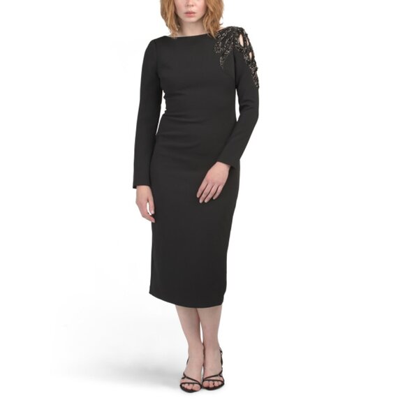 BADGLEY MISCHKA Black Beaded Sleeve Midi Dress